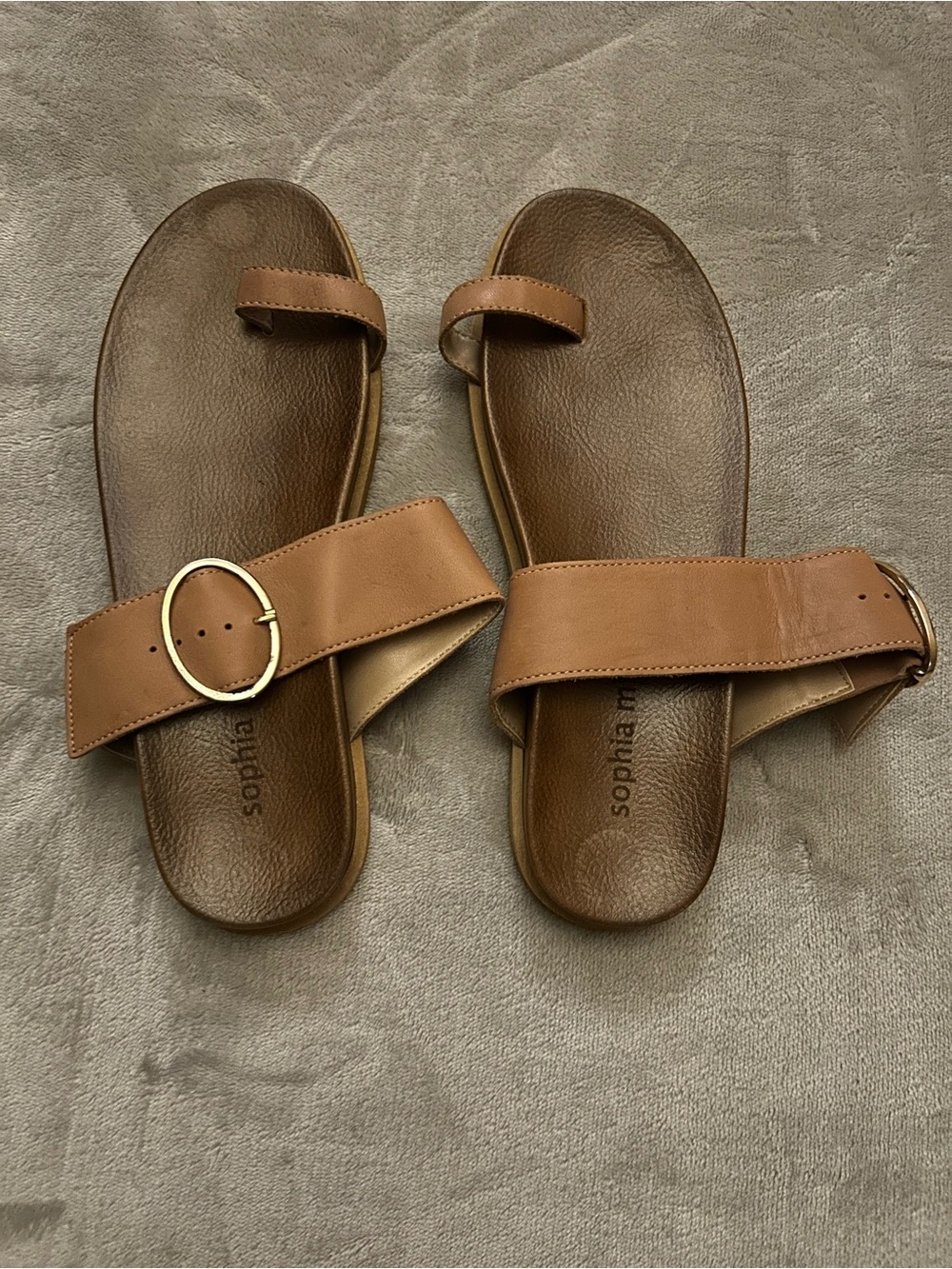 Sophia Milano Tan Leather Slide Sandals with Decorative Buckle